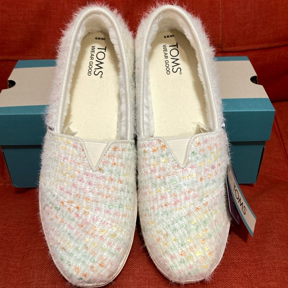 TOMS ALPARGATA CUPSOLES NATURAL CHENILLE SWEATER KNIT/FAUX FUR SIZE 9